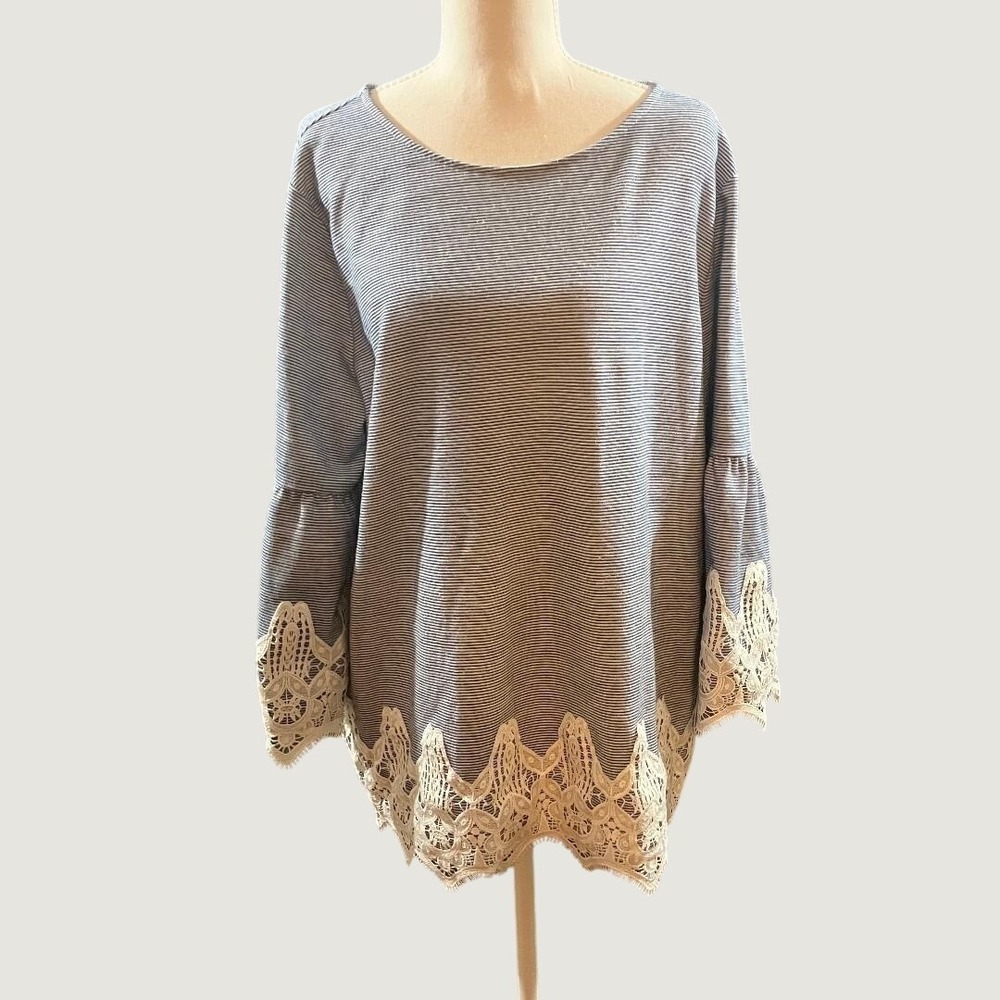Chicos 3 XL Blue White Striped Lace Trim Bell Sleeve Tunic Lagenlook Boho Top
